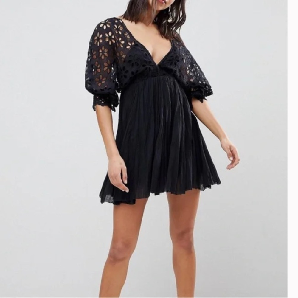 Free People Bella Note Eyelet Mini Dress Black